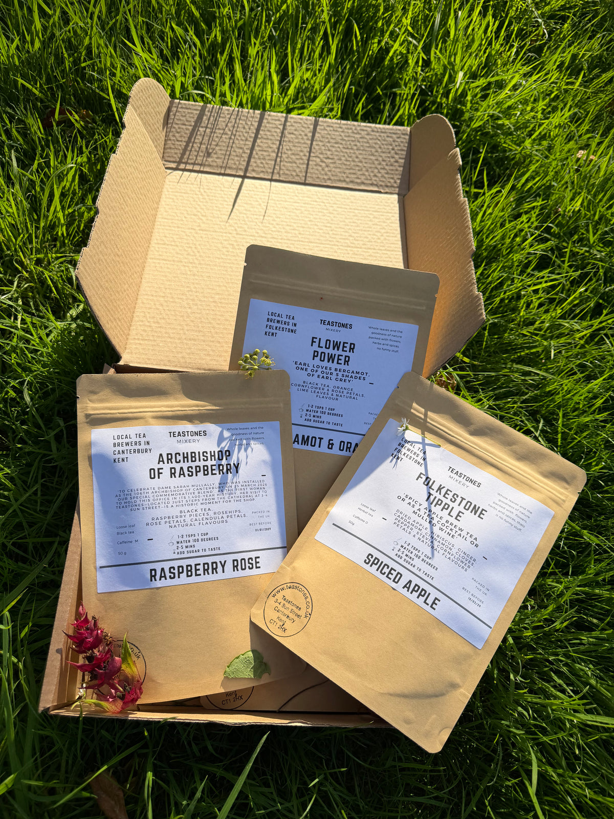 Open Canterbury Tea Tales Orchard Collection box with tea pouches among orchard fruit